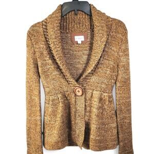 In Stitches Wool Blend Cardigan Wood Buttons Chunky Cozy Brown Womens Small